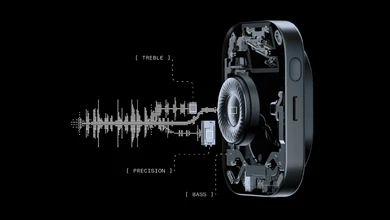 Nothing Headphone (1) Pro cutaway showing internal triple-driver design with audio waveform visualization