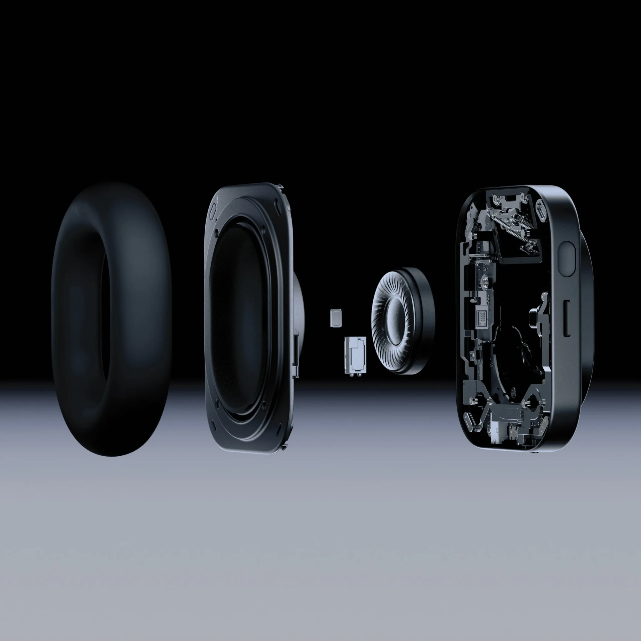 Nothing Headphone (1) Pro disassembled to show its three drivers and internal circuitry