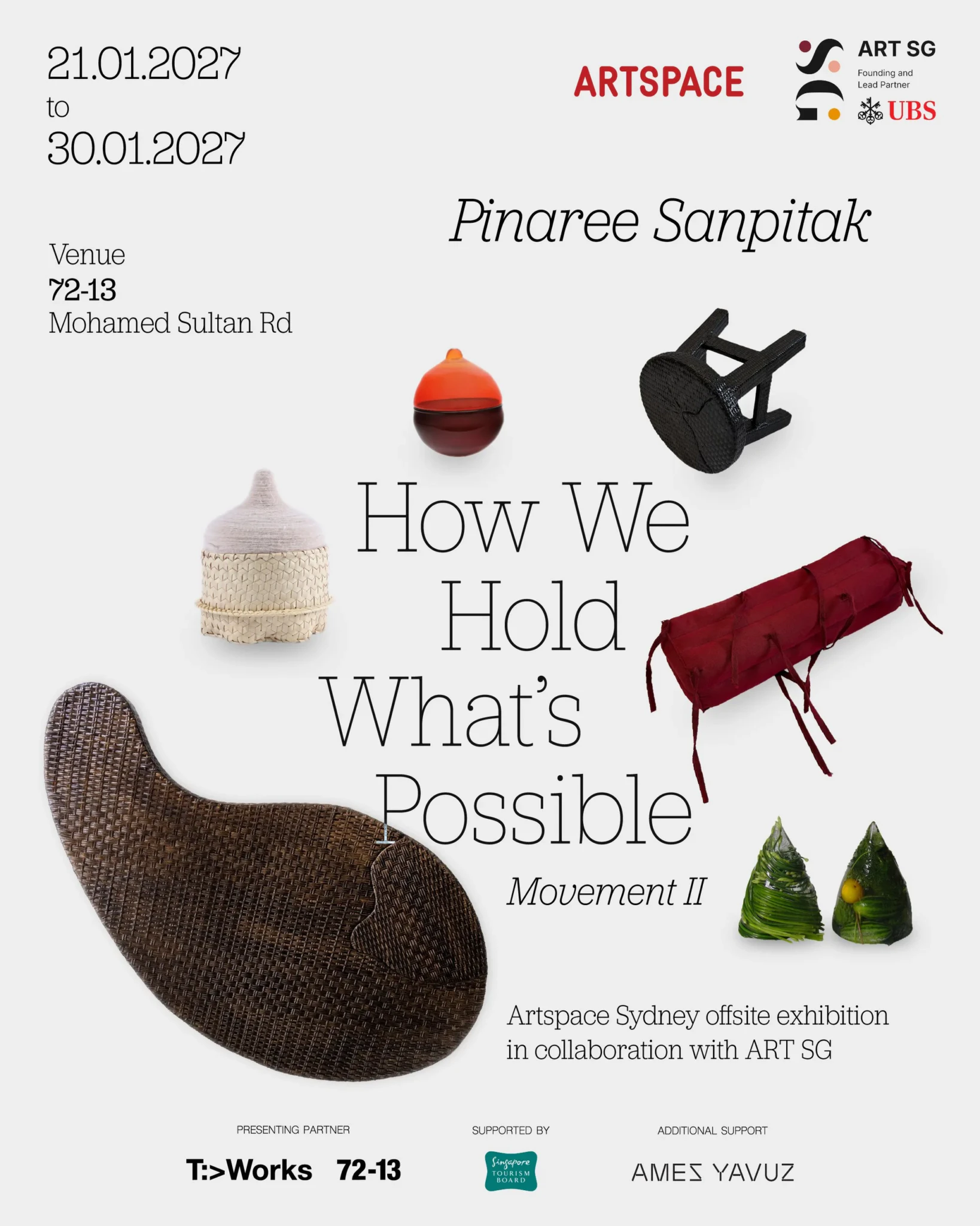 Exhibition poster for Pinaree Sanpitak with woven chair, textured vessels, and fabric forms surrounding centred text.