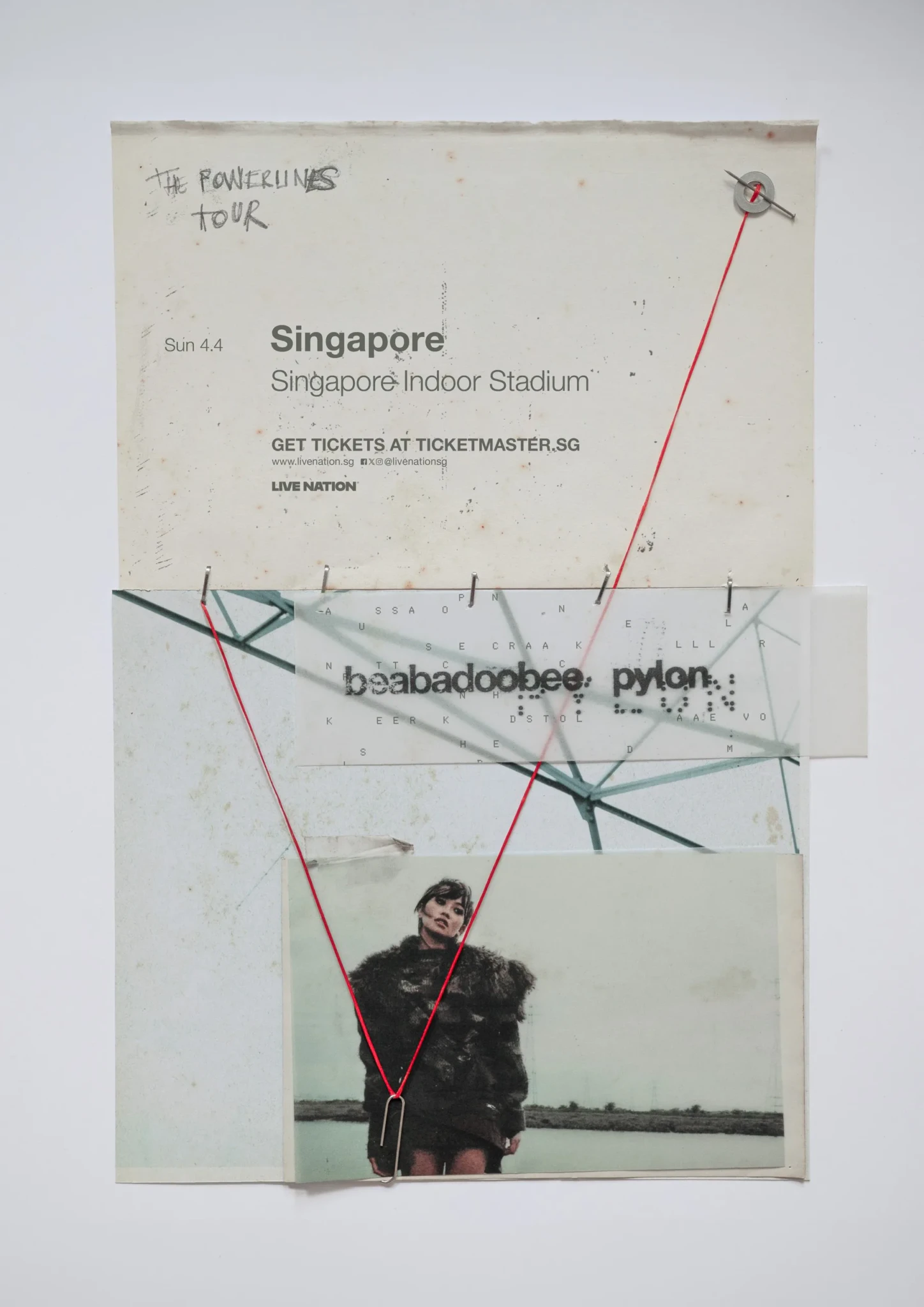 Key art for beabadoobee's The Powerlines Tour with red lines linking a portrait photograph to the Singapore date and venue