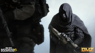 Roze in a black hood and mask carrying a scoped sniper rifle in Call of Duty: Modern Warfare 4 DMZ artwork