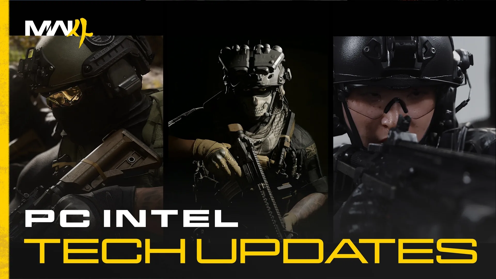 Call of Duty: Modern Warfare 4 key art featuring three armed military operators in tactical gear and helmets against a black background, promoting PC tech updat