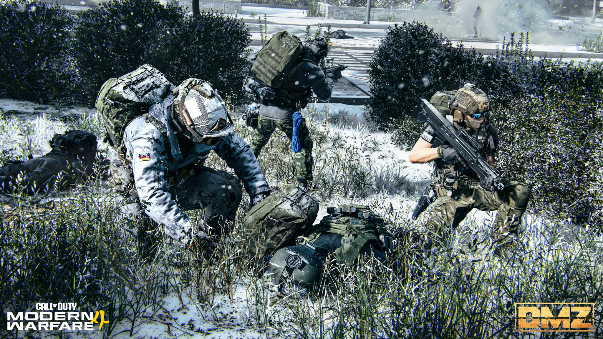 Operators looting dropped backpacks in snow-dusted grass while squadmates keep watch in Modern Warfare 4's DMZ mode