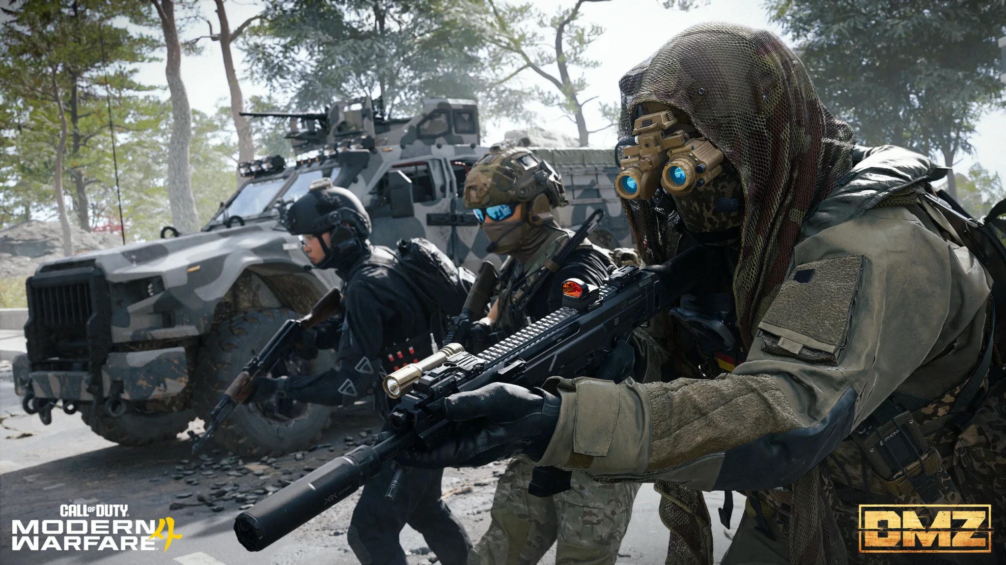 Three masked operators with rifles advancing past a camouflaged armoured vehicle on a tree-lined road in Modern Warfare 4's DMZ mode
