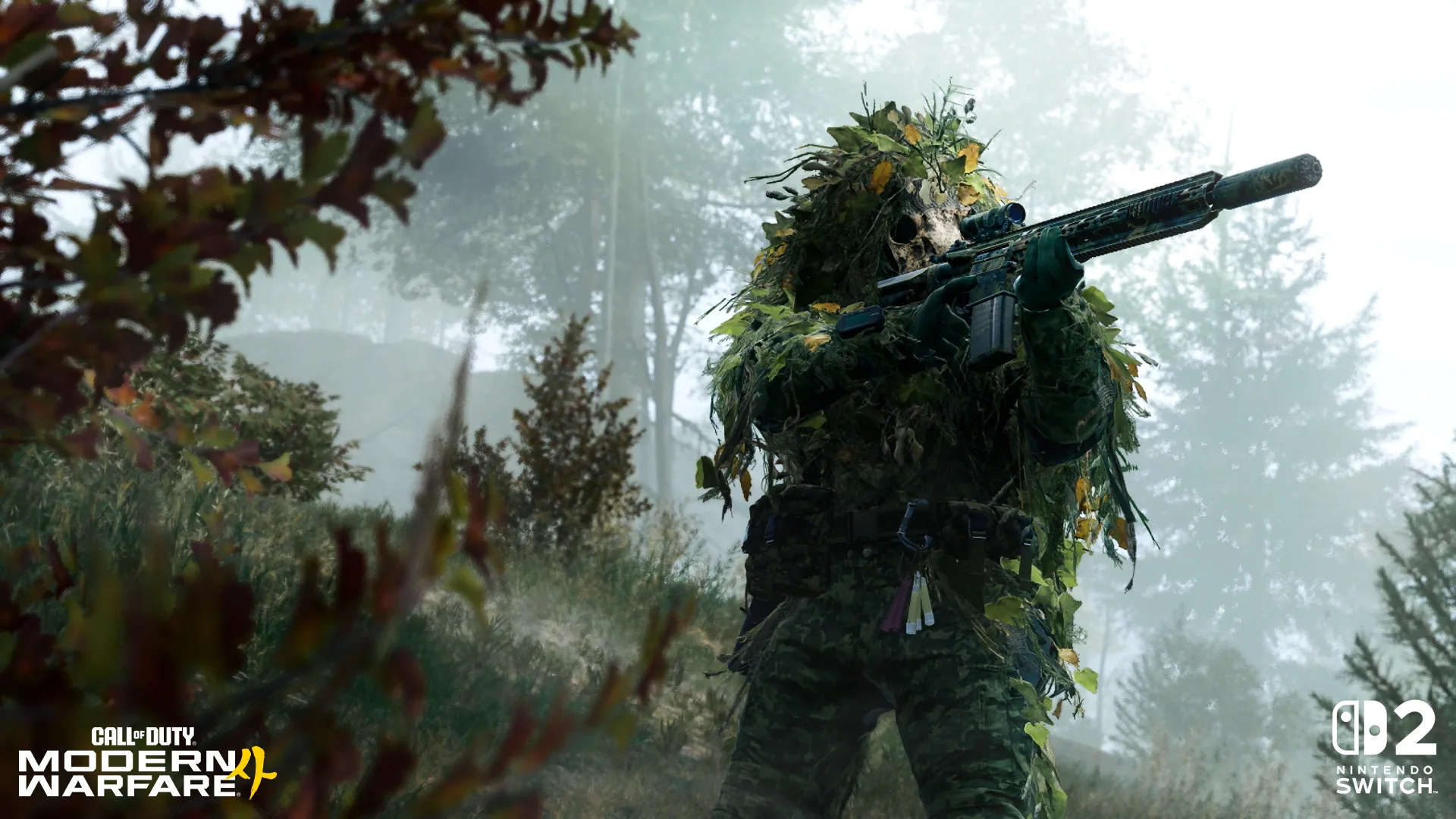 The Lieutenant in a leaf-covered ghillie suit and skull mask aiming a suppressed rifle in a misty forest
