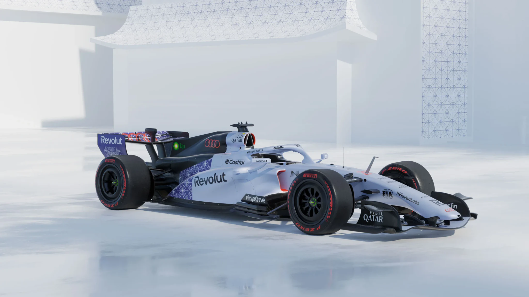 The Audi R26 features a special Singapore-inspired livery with Titanium Silver Grey and Traditional Peranakan Pattern detailing, unveiled ahead of the Singapore