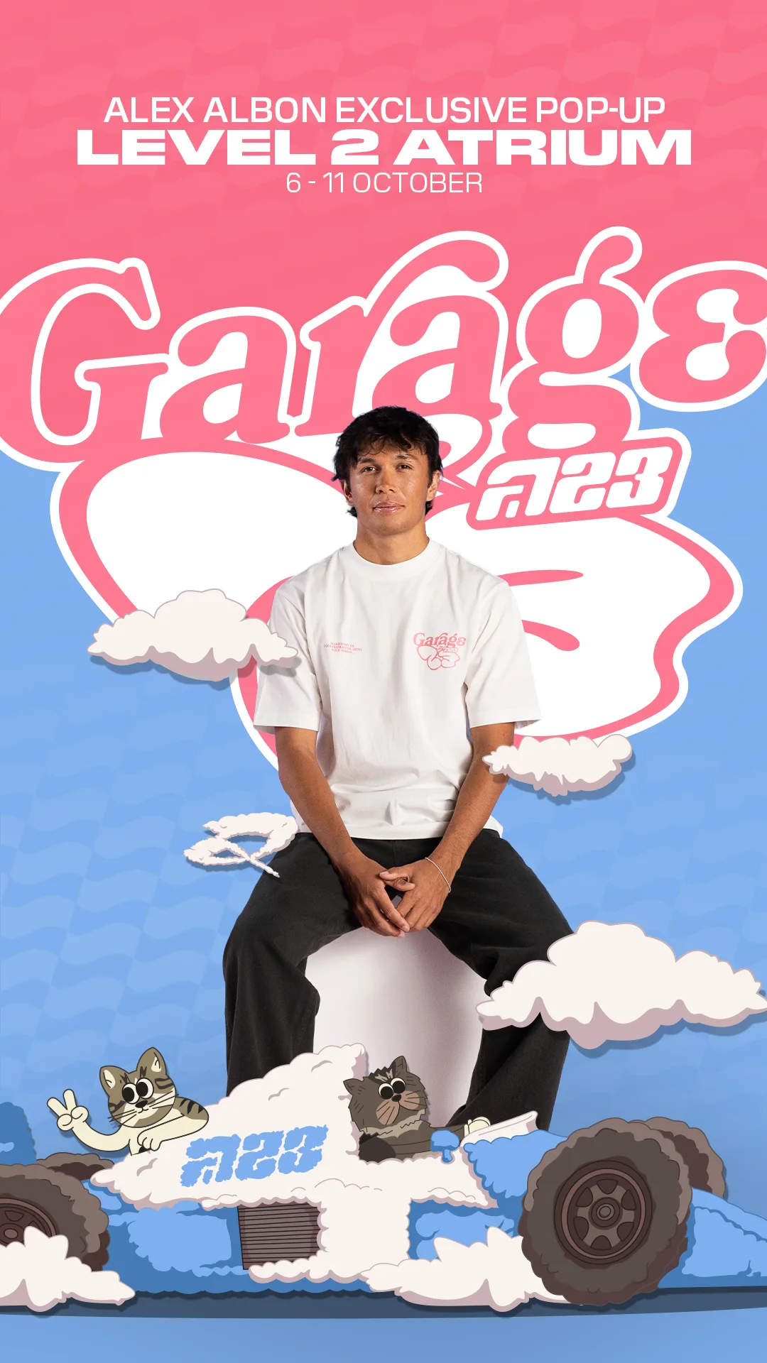 Alex Albon pop-up event poster with pink and blue design, clouds and cartoon graphics