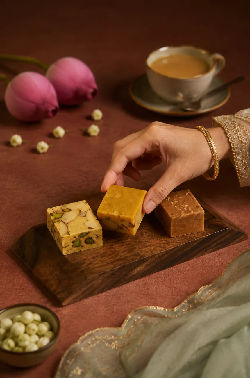 SanSara's Diwali Mithai Gift Box shown open with assorted Indian sweets, flowers and brass vessels