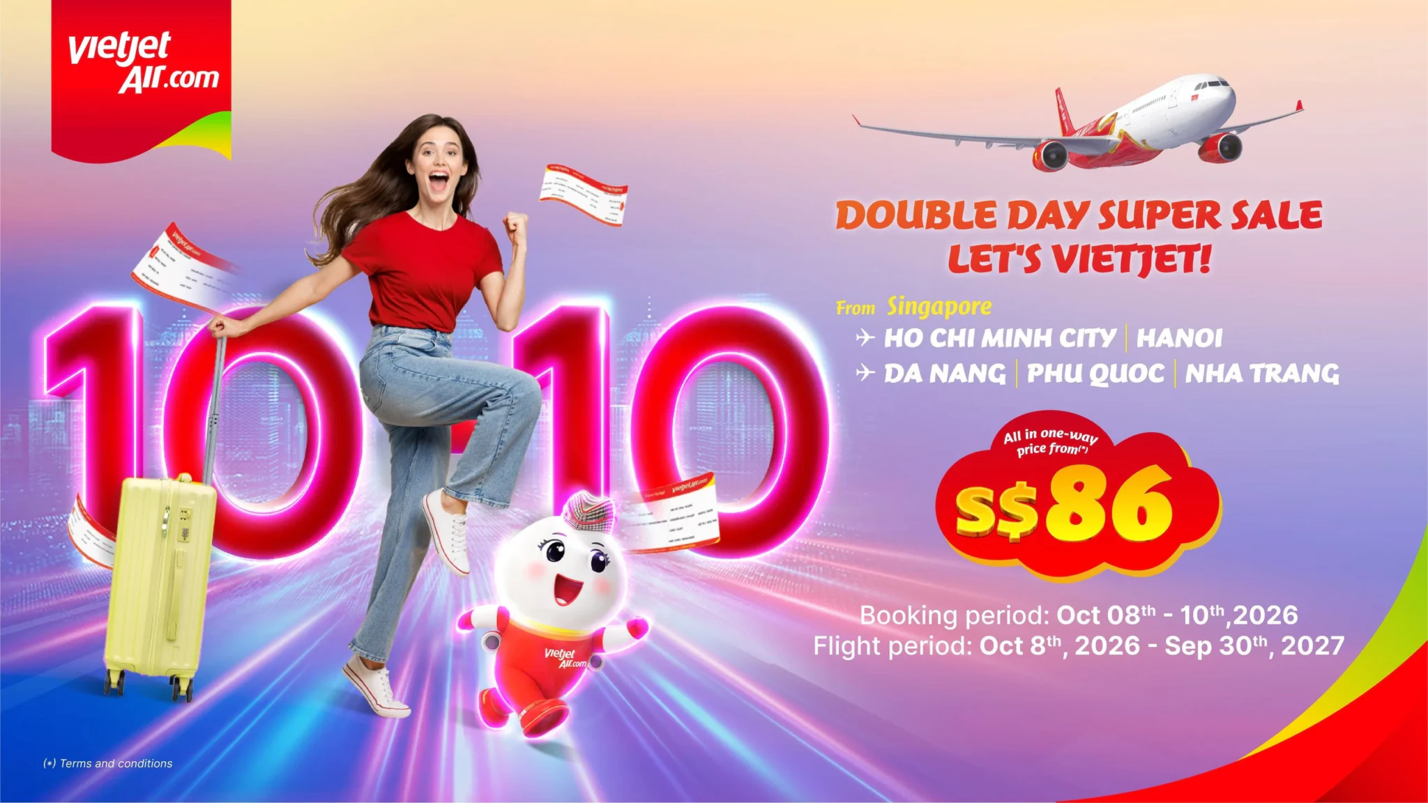 Vietjet's sale poster advertising Eco fares from SGD86 one-way on Singapore–Vietnam routes, for travel from 8 October 2026 to 30 September 2027