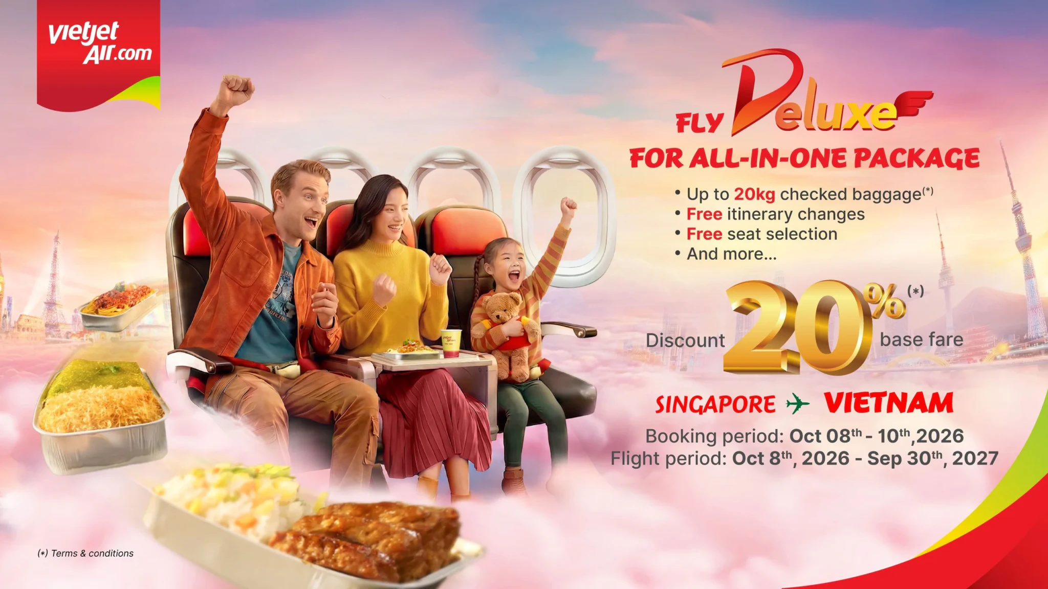 Vietjet's Fly Deluxe artwork for the Singapore–Vietnam route showing a family on board, with 20% off base fares and perks including up to 20kg checked baggage