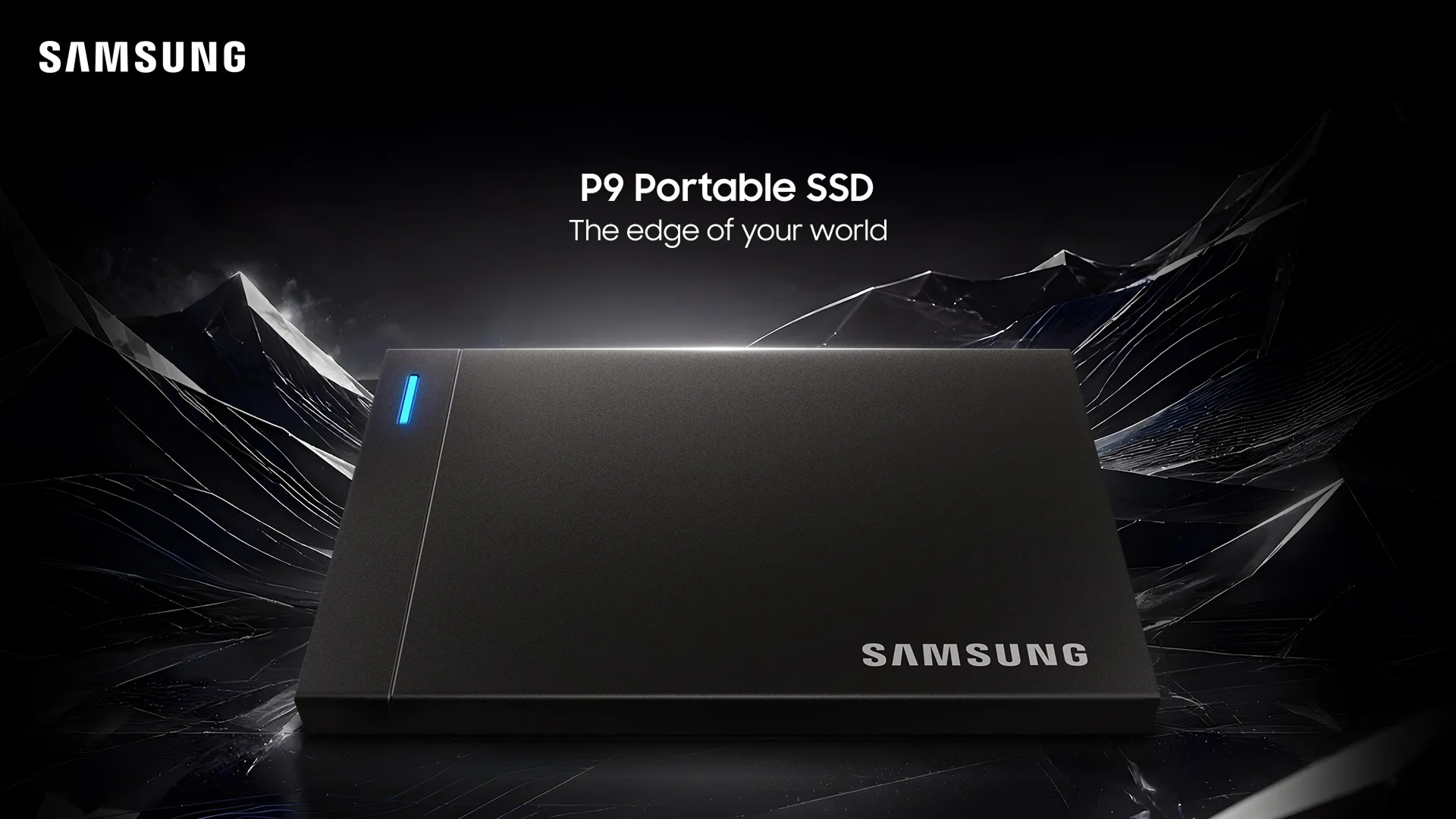 The Samsung P9 Portable SSD, a dark device with a blue indicator light, set against an abstract digital backdrop