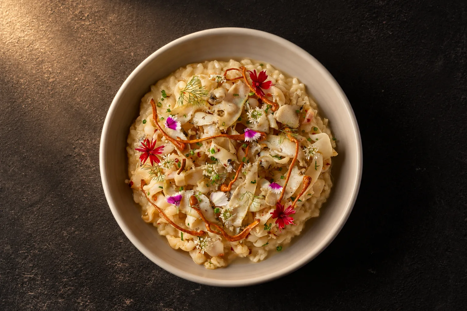 Capasso's Abagold Risotto with abalone, edible flowers, chive batons, and microherbs