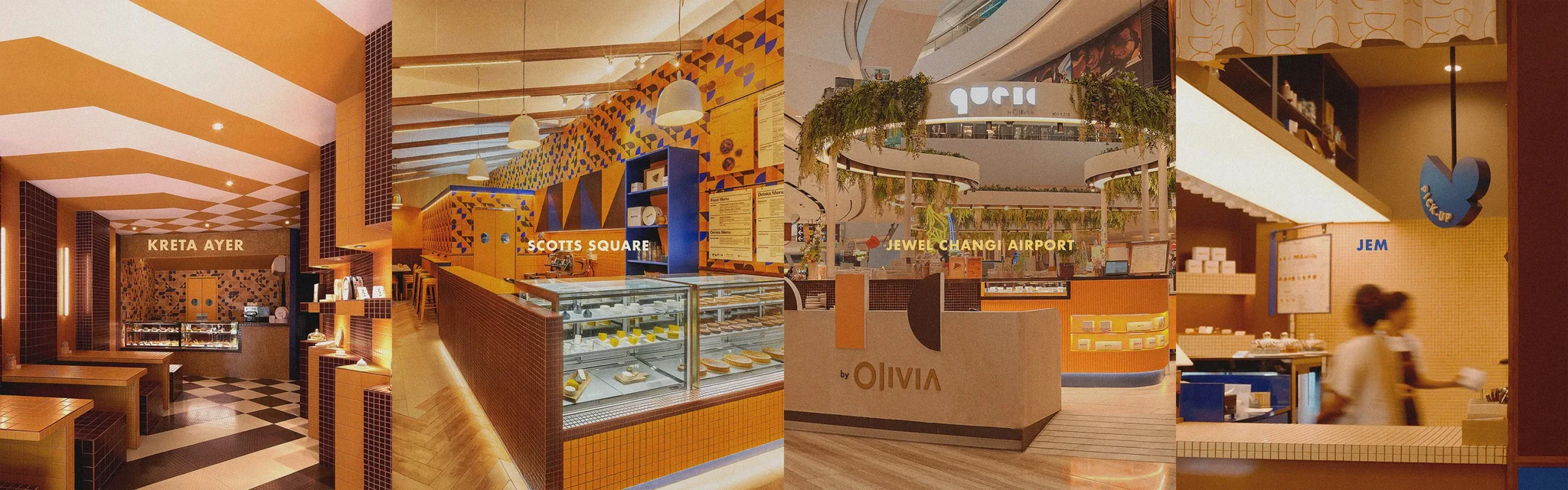 Interior renderings of four Queic by Olivia store locations showing unified design with orange accents and branded counters