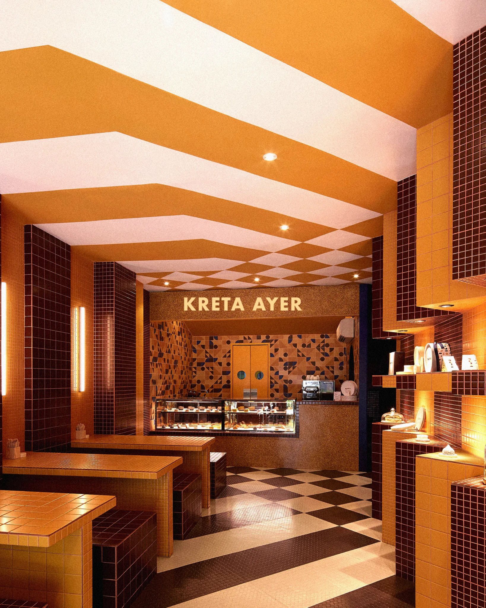 Interior of Queic by Olivia's Kreta Ayer store with geometric ceiling, brick walls, and display counter