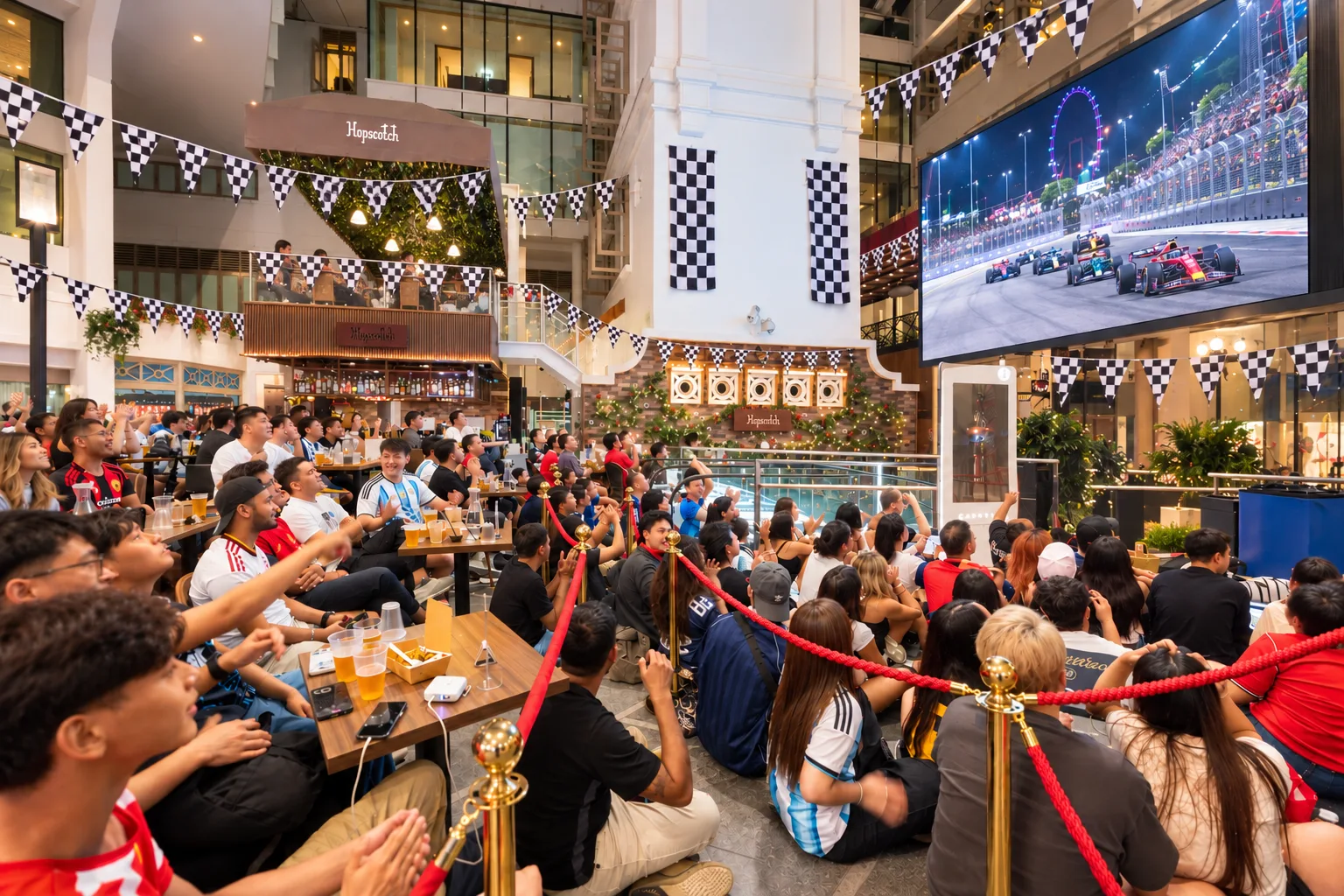 Crowds watching a Formula 1 race on a large screen at Capitol Singapore during race week