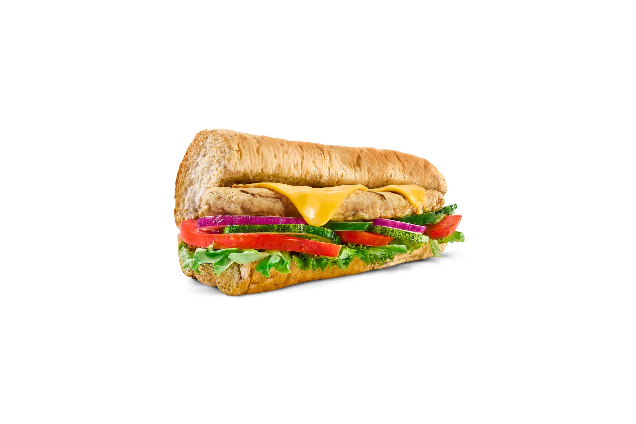 Subway's Roasted Chicken Breast sub with a chicken breast patty, cheese, fresh vegetables and sauce on a toasted sub