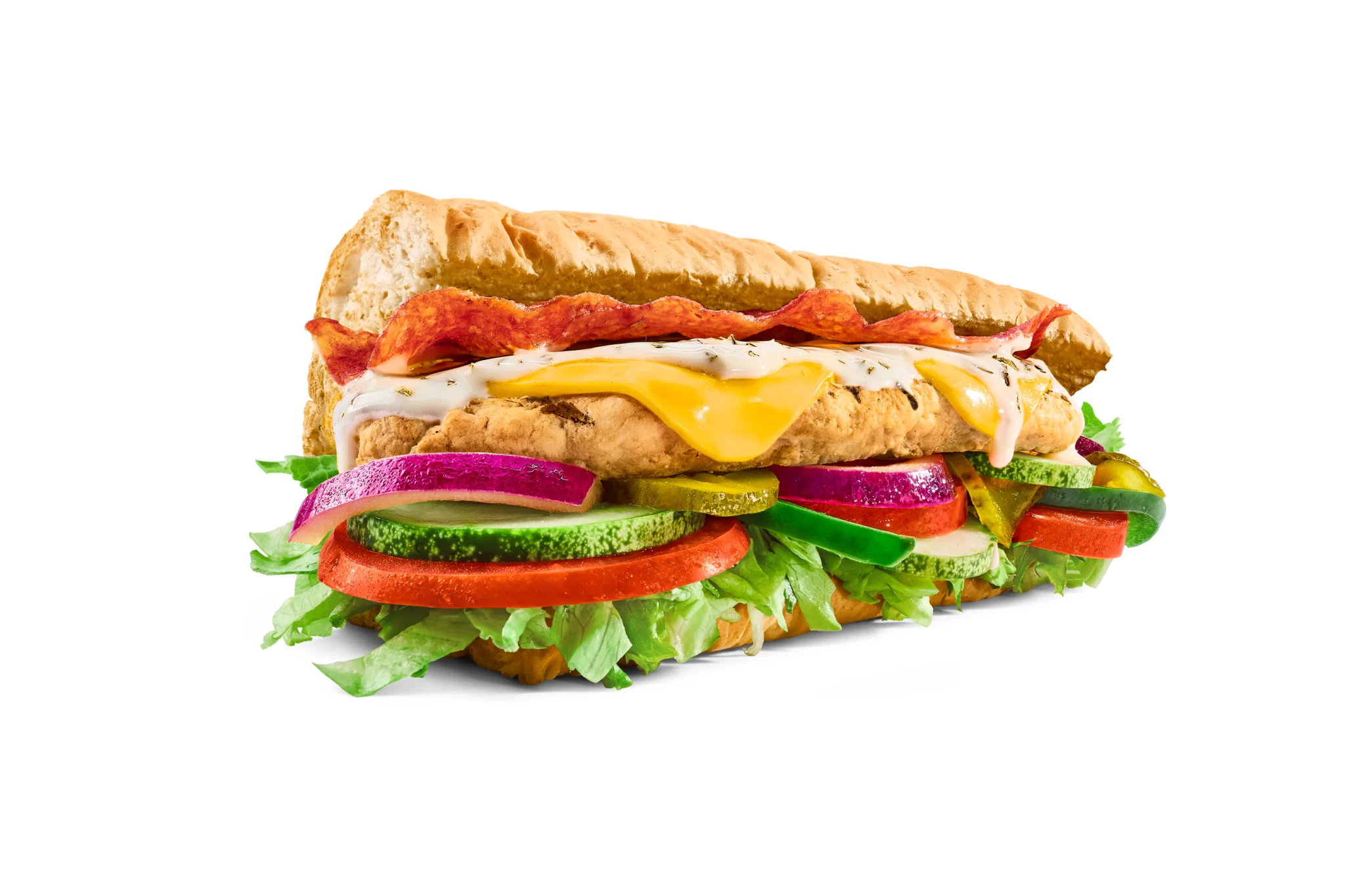 Subway's Chicken Bacon Ranch sub with chicken, cheese, bacon, fresh vegetables and sauce on a toasted sub roll