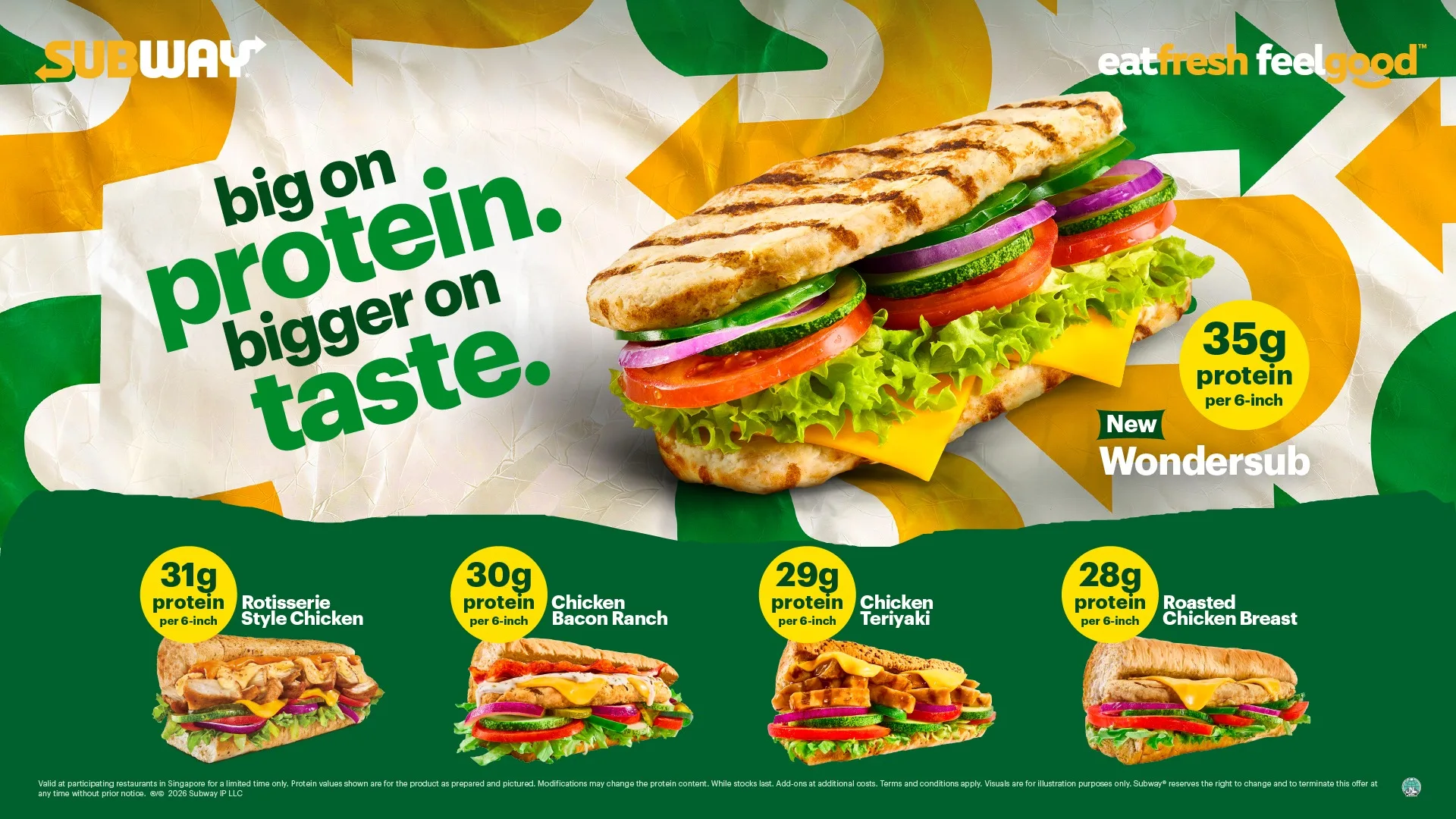 Subway Singapore campaign visual showing the Wondersub at 35g of protein beside other subs with 28g to 31g