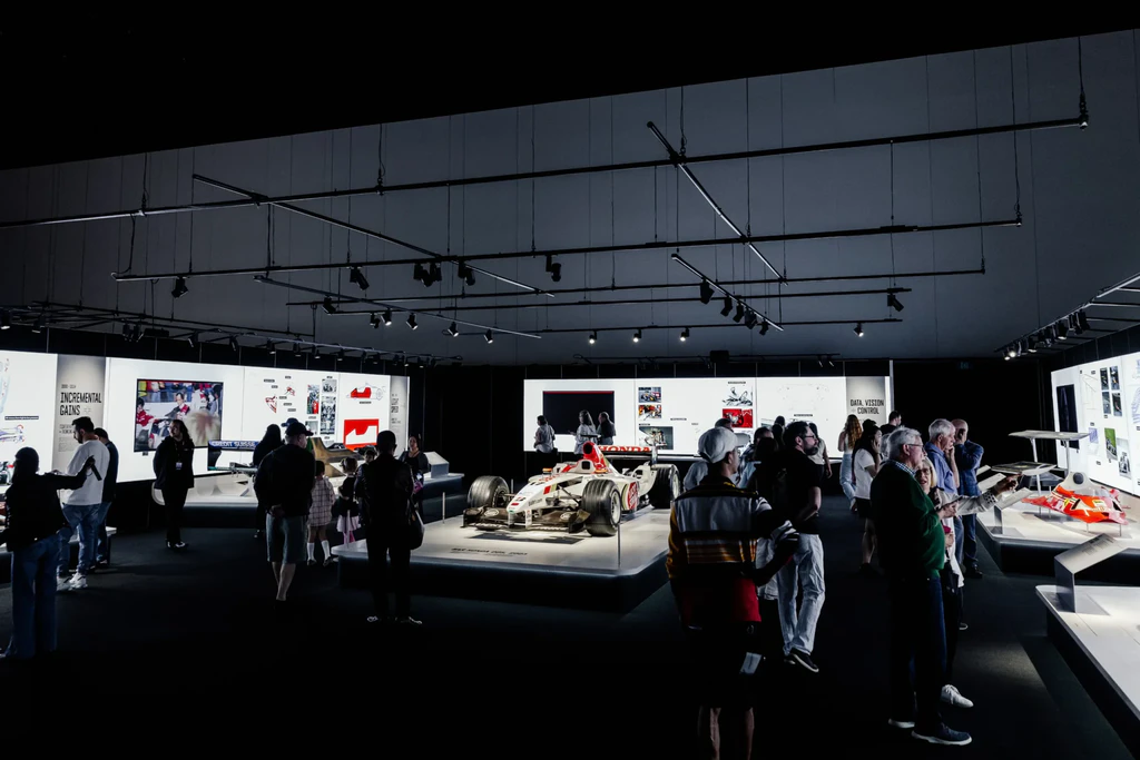 Race cars inside the Formula 1 Exhibition hall.
