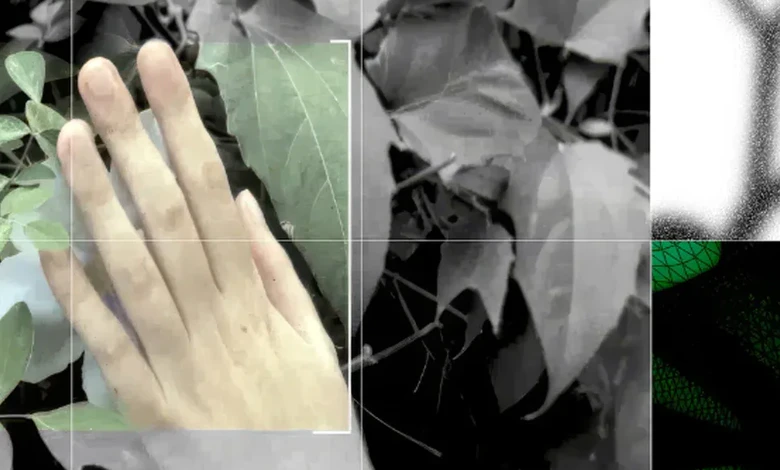Collage of a hand over grayscale leaves, with green wireframe mesh shapes and grid lines across the frame
