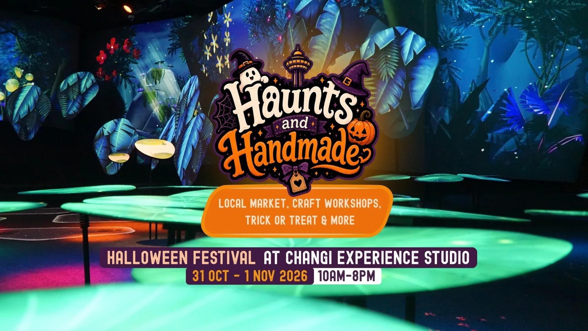 Haunts and Handmade festival poster with glowing forest scene and Halloween imagery