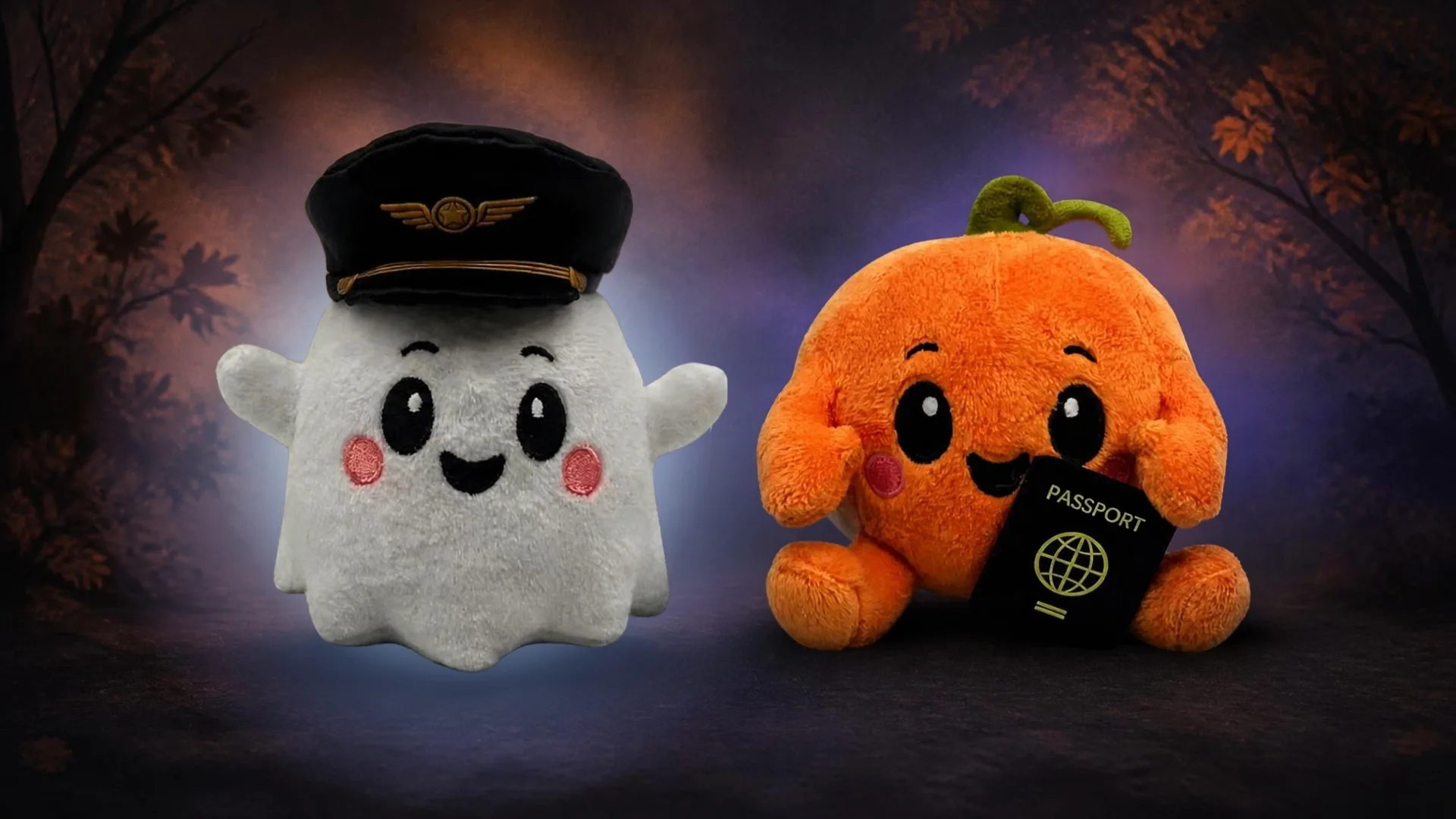 Two cute plush Halloween characters: a white ghost pilot and an orange pumpkin with a passport