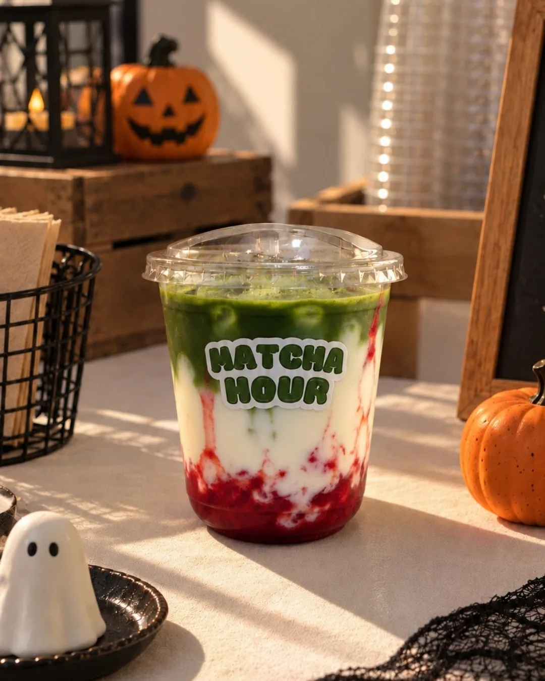 A Halloween-themed matcha drink by Matcha Hour with red and white layers beneath green matcha