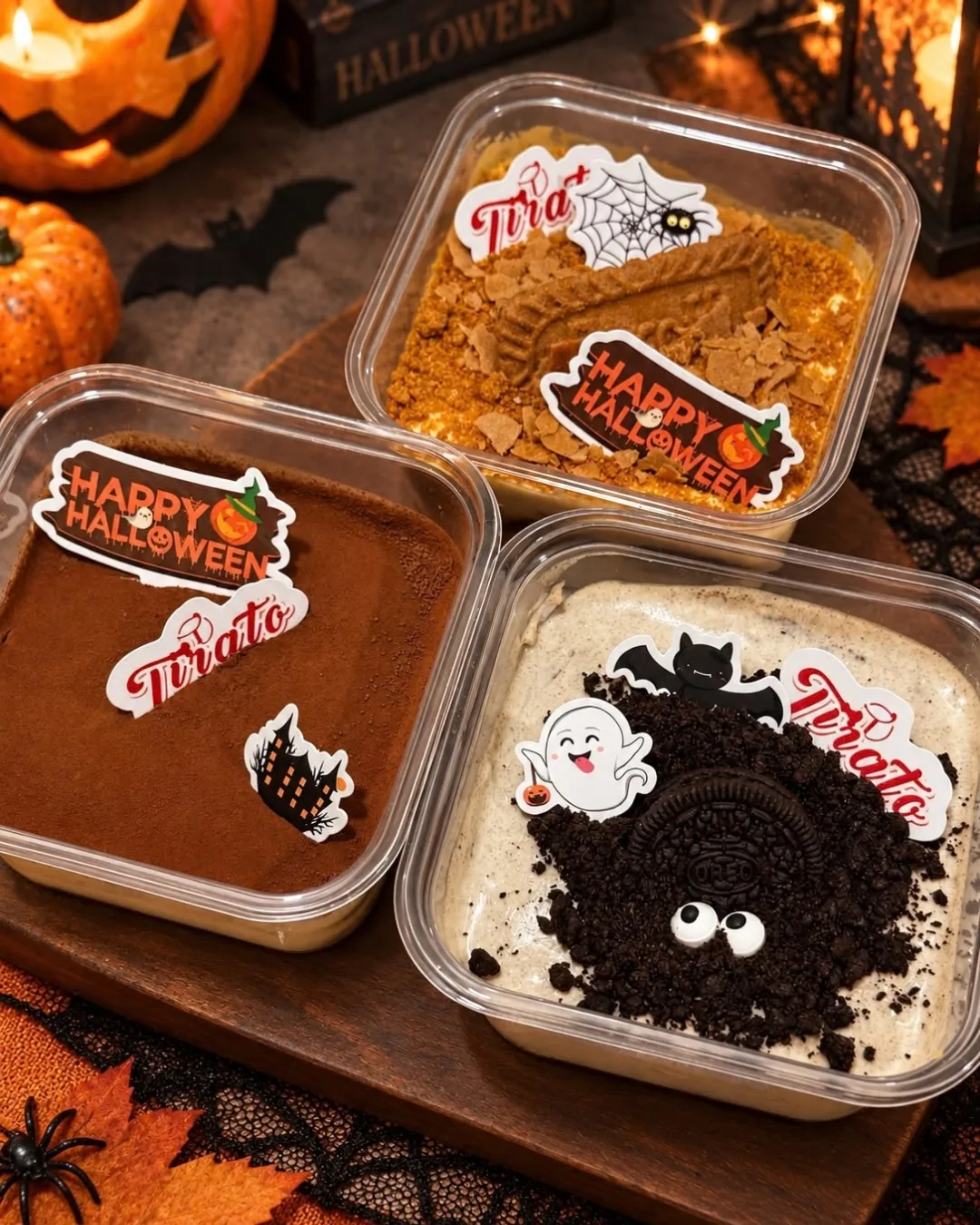Halloween-themed tiramisu containers by Tirato decorated with ghost and bat stickers