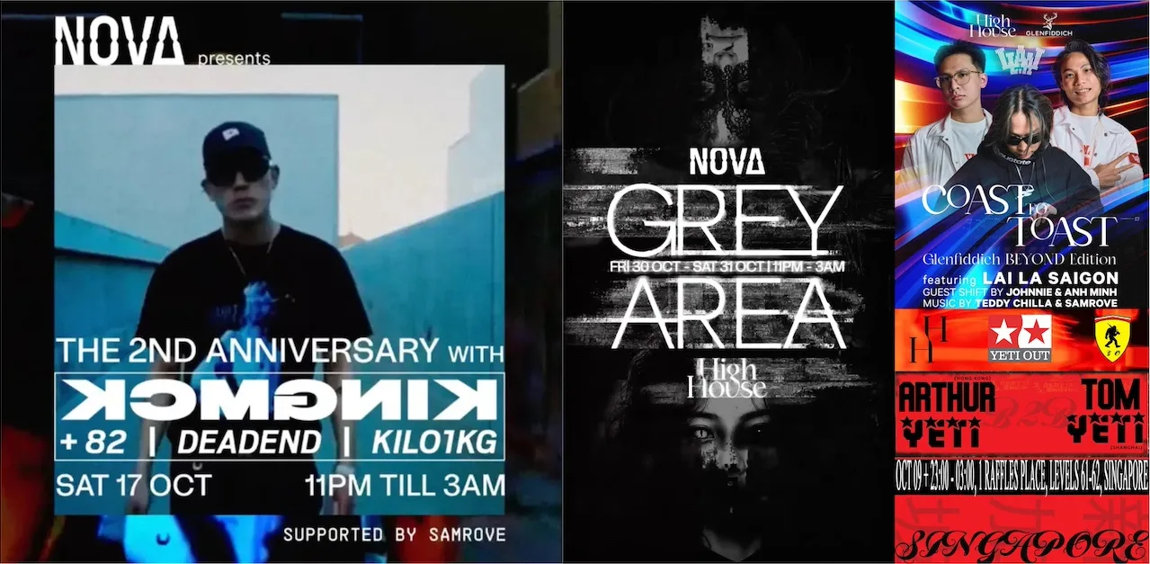 Event posters for NOVA's 2nd Anniversary with KINGMCK, NOVA GREY AREA and the Coast to Toast Glenfiddich BEYOND Edition at High House