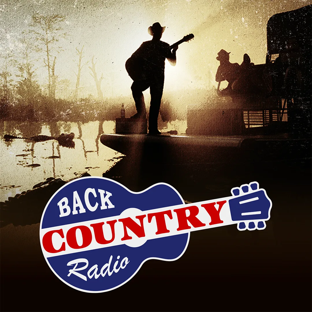Back Country Radio logo over silhouettes of a guitarist and broadcasters against a sepia landscape