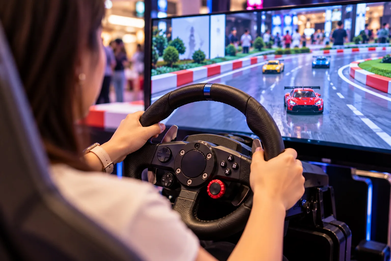 A woman steers at a racing simulator rig with a red miniature race car and rival cars on the track ahead