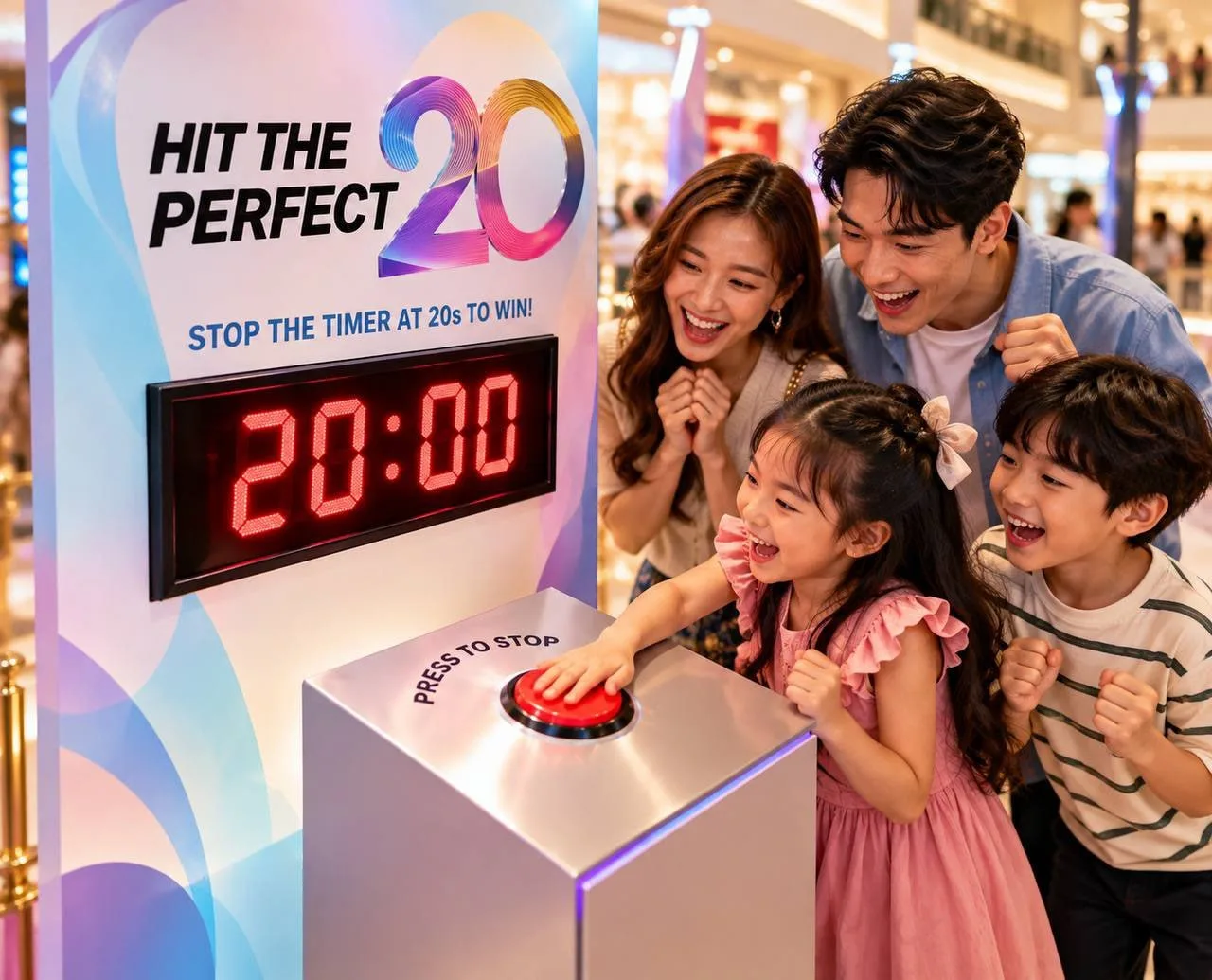 A family of four cheers as a young girl presses the red stop button on the Hit the Perfect 20 timer reading 20:00