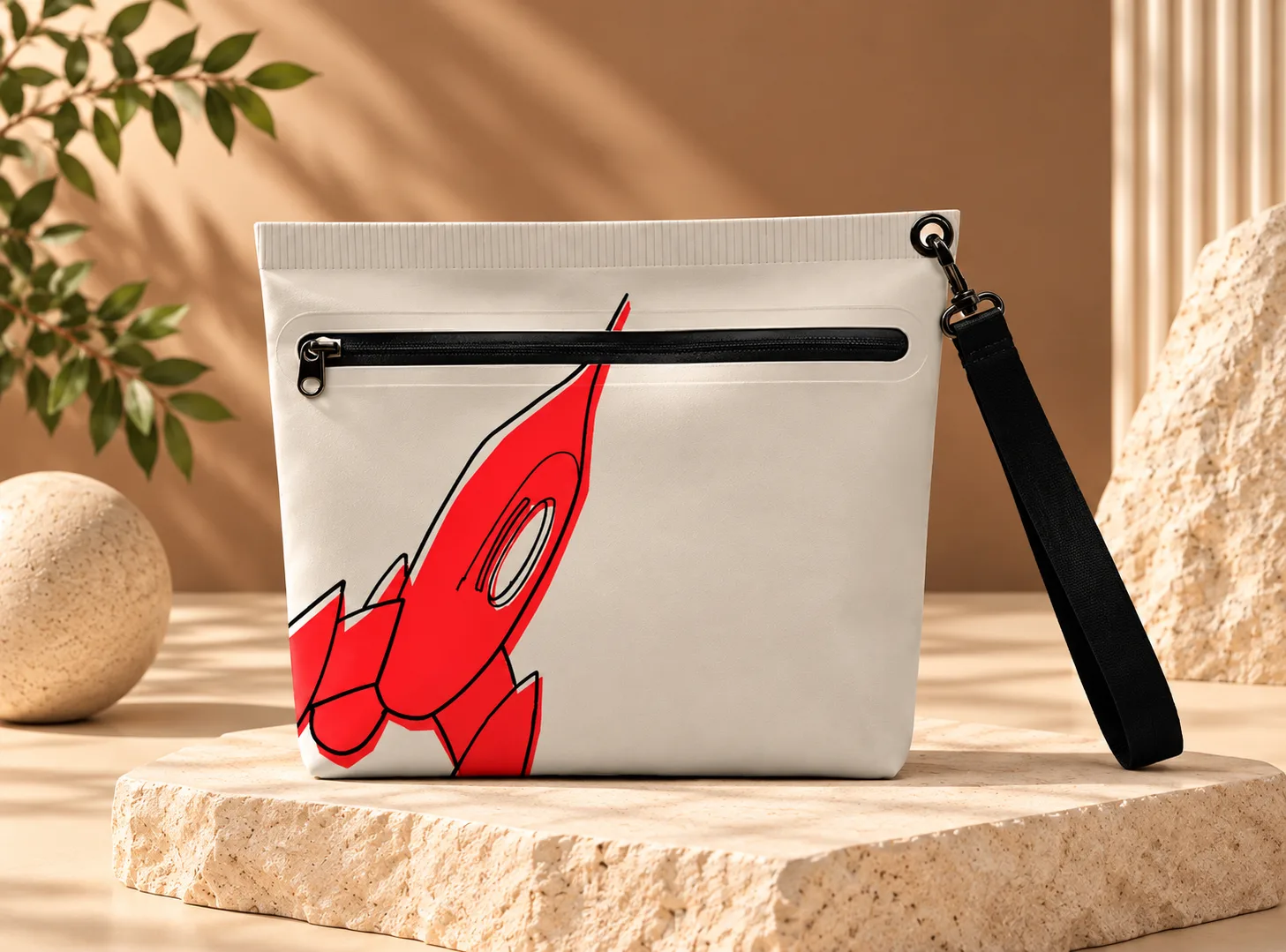 A cream zip pouch with a red rocket print and black wrist strap on a sandstone plinth