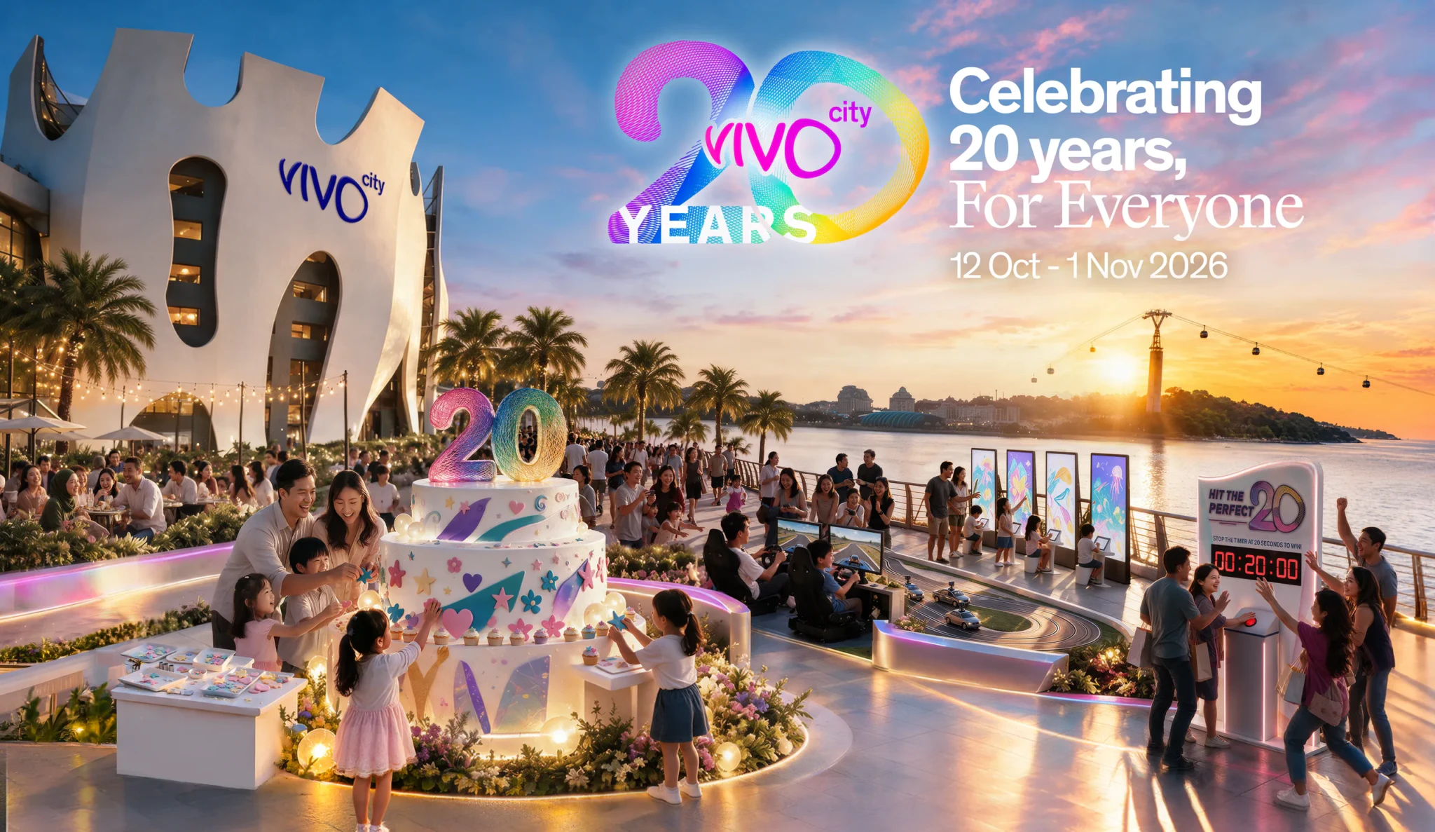 VivoCity VC20 anniversary key art showing families at a giant 20 cake, a miniature racing track and a timer game