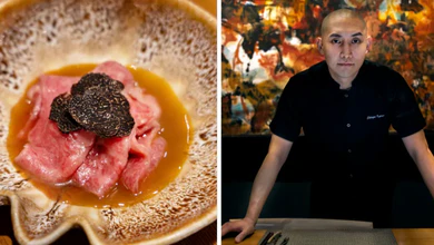 Head Chef Shingo Iijima holding a dish of Kansai-Style Wagyu Ribeye Sukiyaki