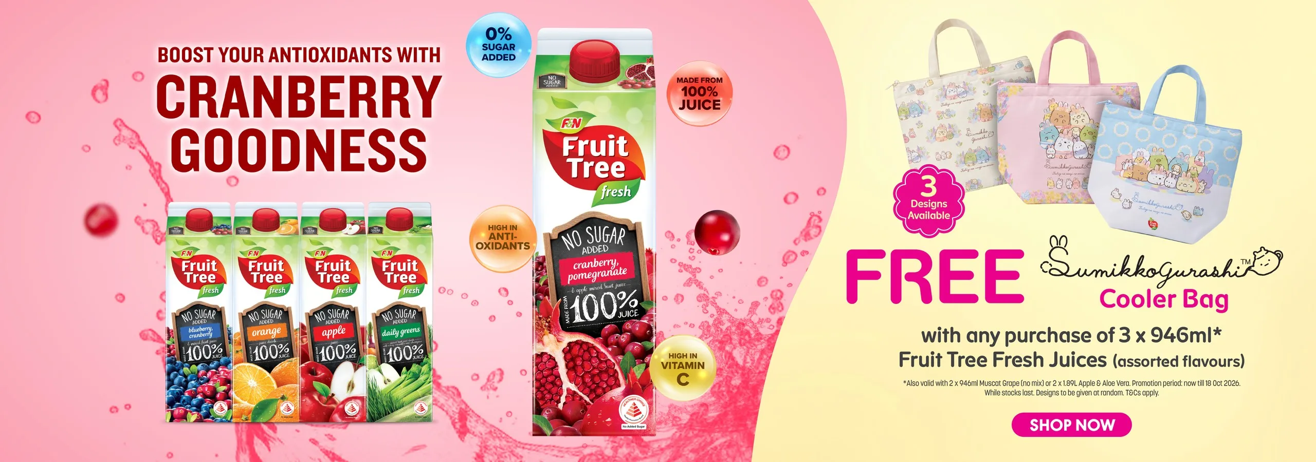 F&N FRUIT TREE FRESH juice bottles displayed alongside three Sumikkogurashi cooler bag designs