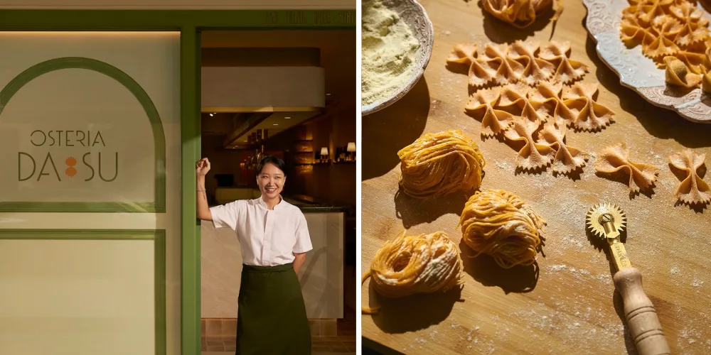 The Osteria Da Su entrance sign beside a smiling staff member in a green apron and nests of fresh pasta on a floured board