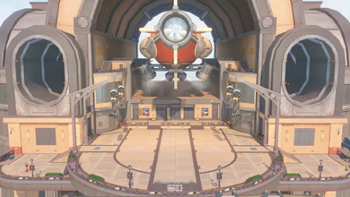 A station hall in Zenless Zone Zero with a red and tan cargo airship hanging above the plaza