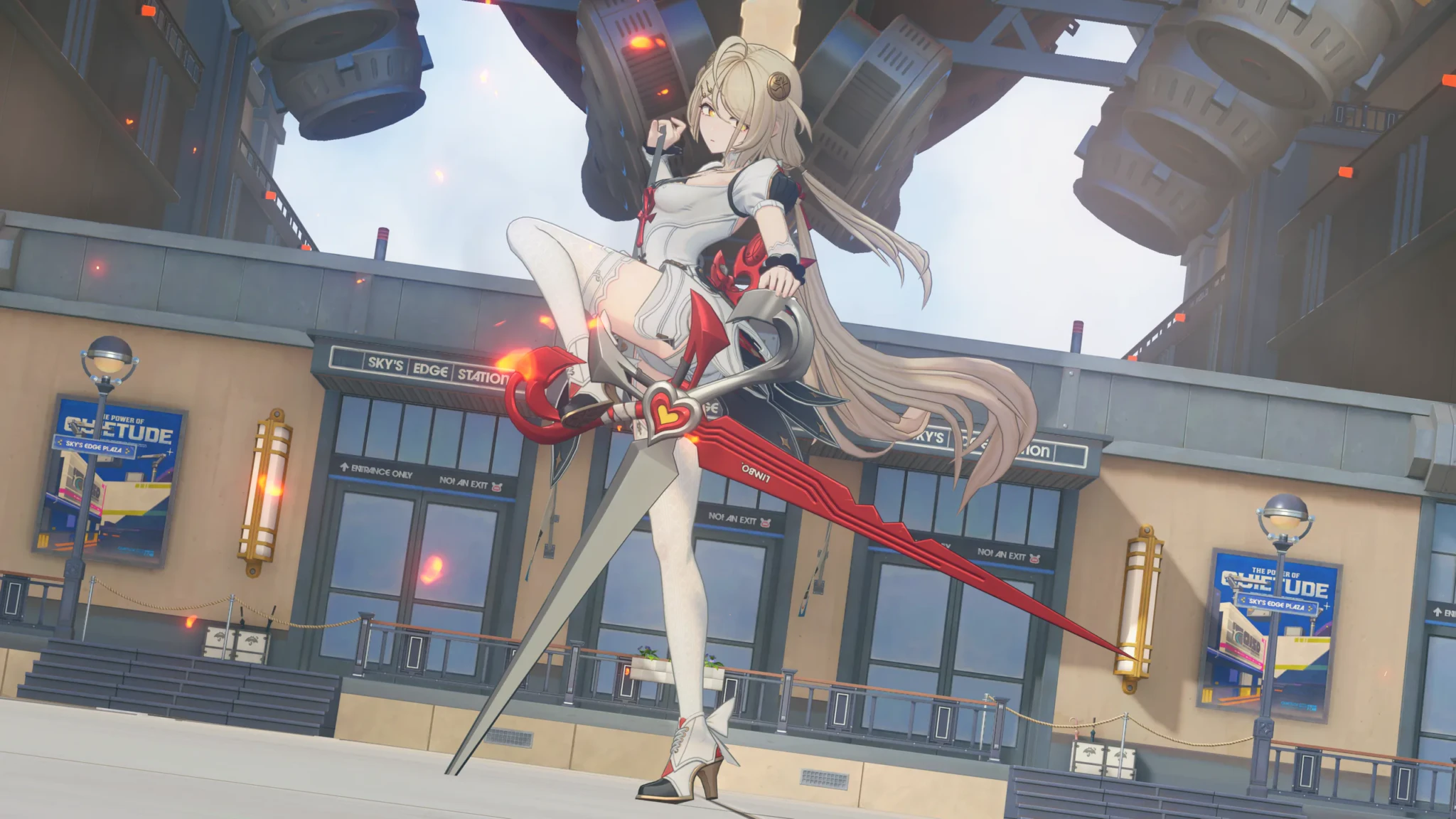 Phoenix in a white and red outfit holds a large red and silver blade in front of Sky's Edge Station