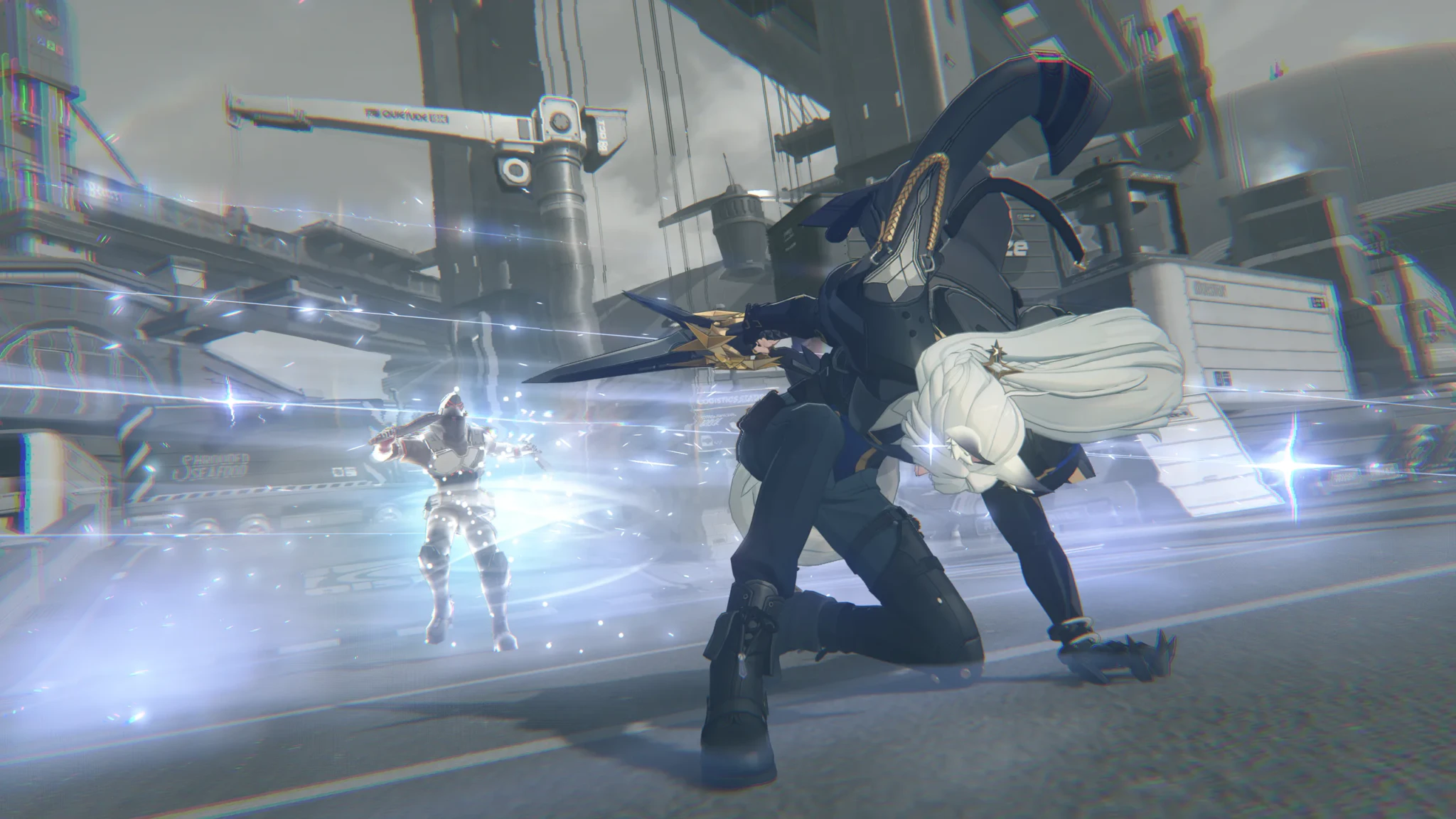 Severian swings a large blade at a glowing white enemy on a city street