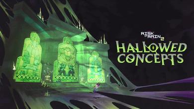 Risk of Rain 2: Hallowed Concepts key art showing three glowing green stained-glass windows in a dark stone hall with a small figure standing in the foreground