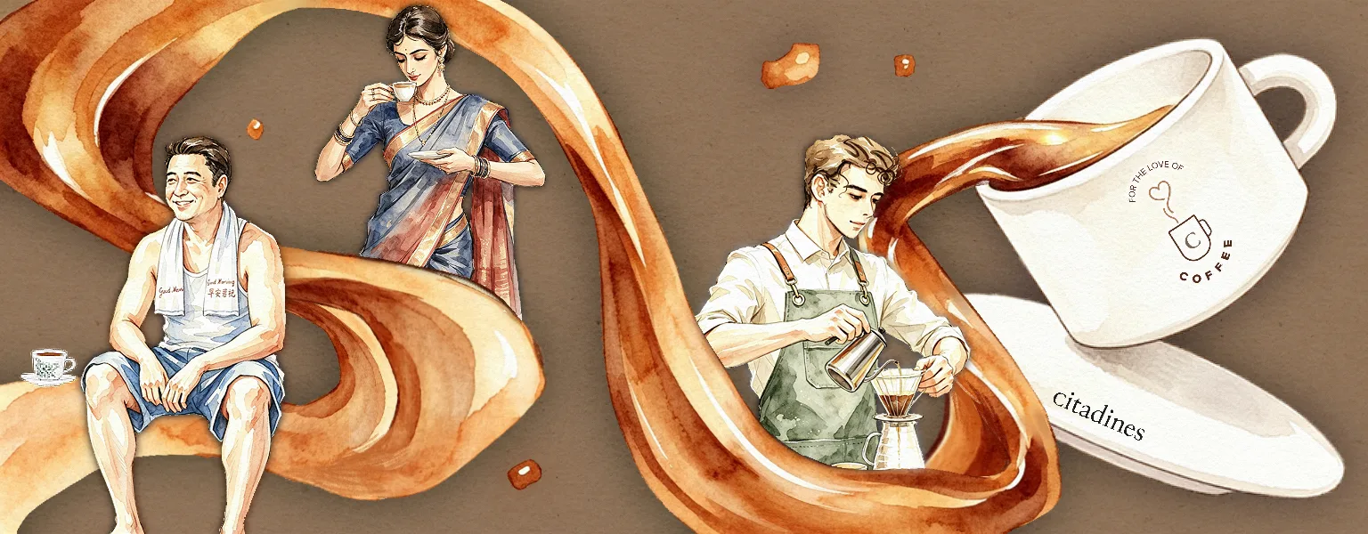 Illustrated campaign artwork for Citadines' For the Love of Coffee 2026 Singapore programme, showing figures enjoying coffee among decorative coffee cup motifs