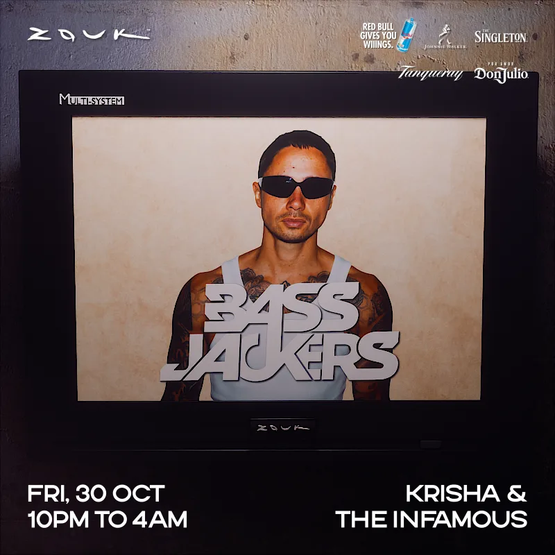 Zouk poster for Bassjackers with Krisha and The Infamous on a retro television graphic