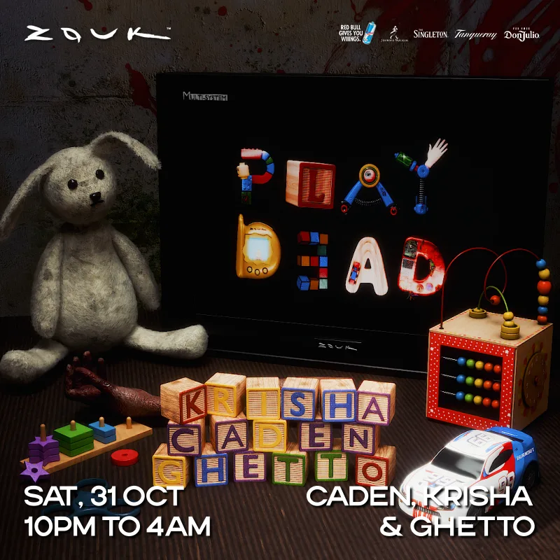 Zouk Halloween artwork spelling PLAY DEAD in toy letters on an old television
