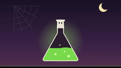 A cartoon ghost peeking out of the neck of a bubbling green science flask under a crescent moon, with a cobweb in the corner.