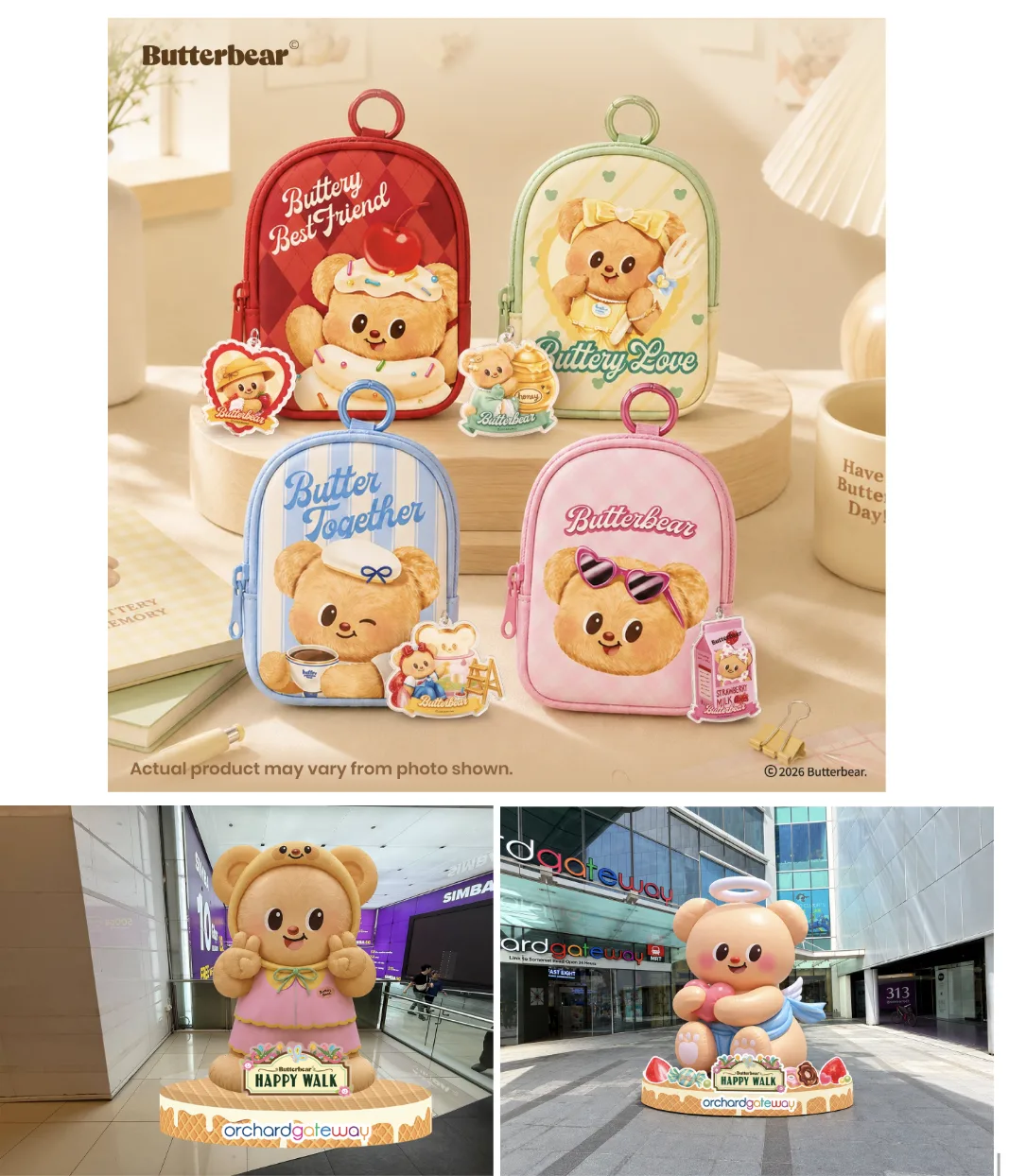 Butterbear backpacks and accessories in red, green, blue and pink with matching plush keychains at orchardgateway