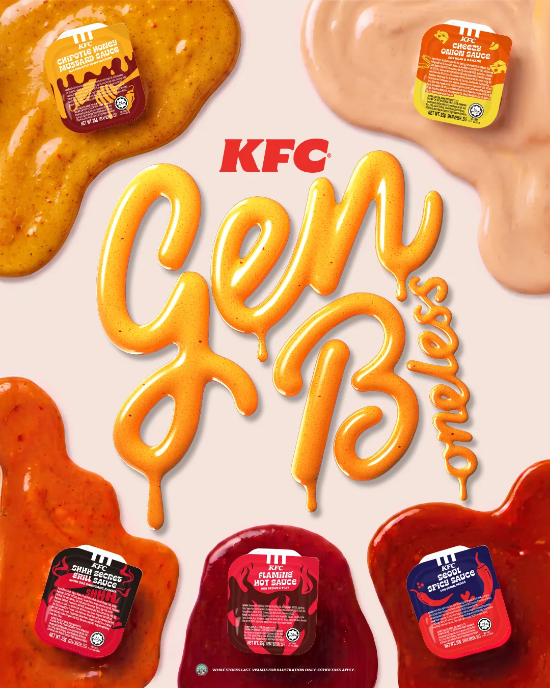 KFC Gen B artwork: orange sauce lettering spelling Gen B with Boneless, surrounded by five KFC sauce cups on sauce splashes