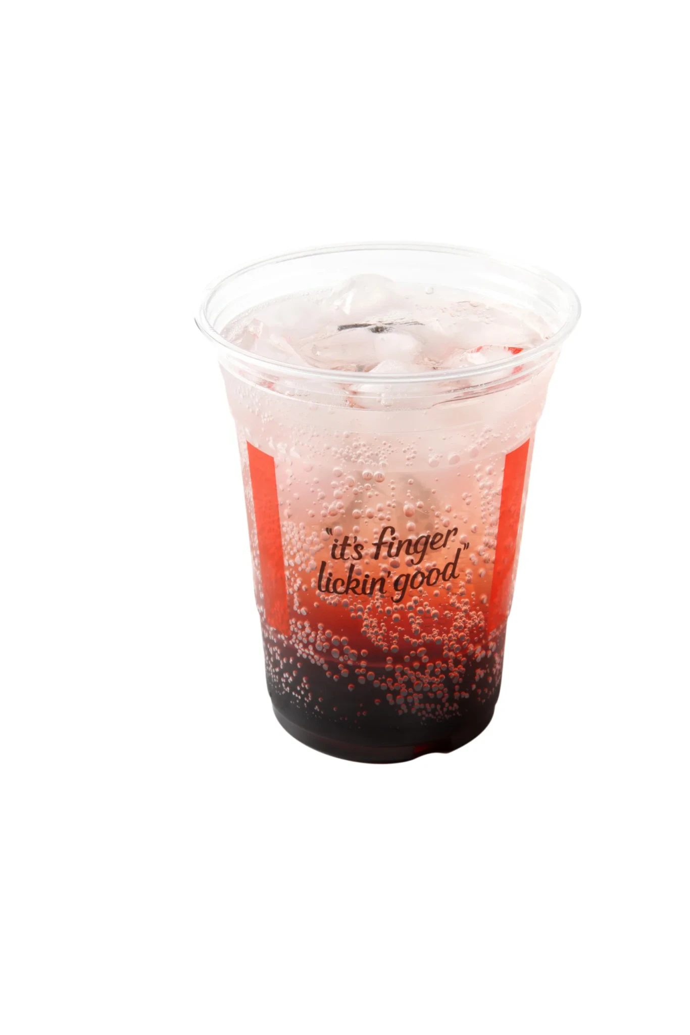 KFC Ruby K-Fizz in a clear cup with ice, red on top fading to a darker base