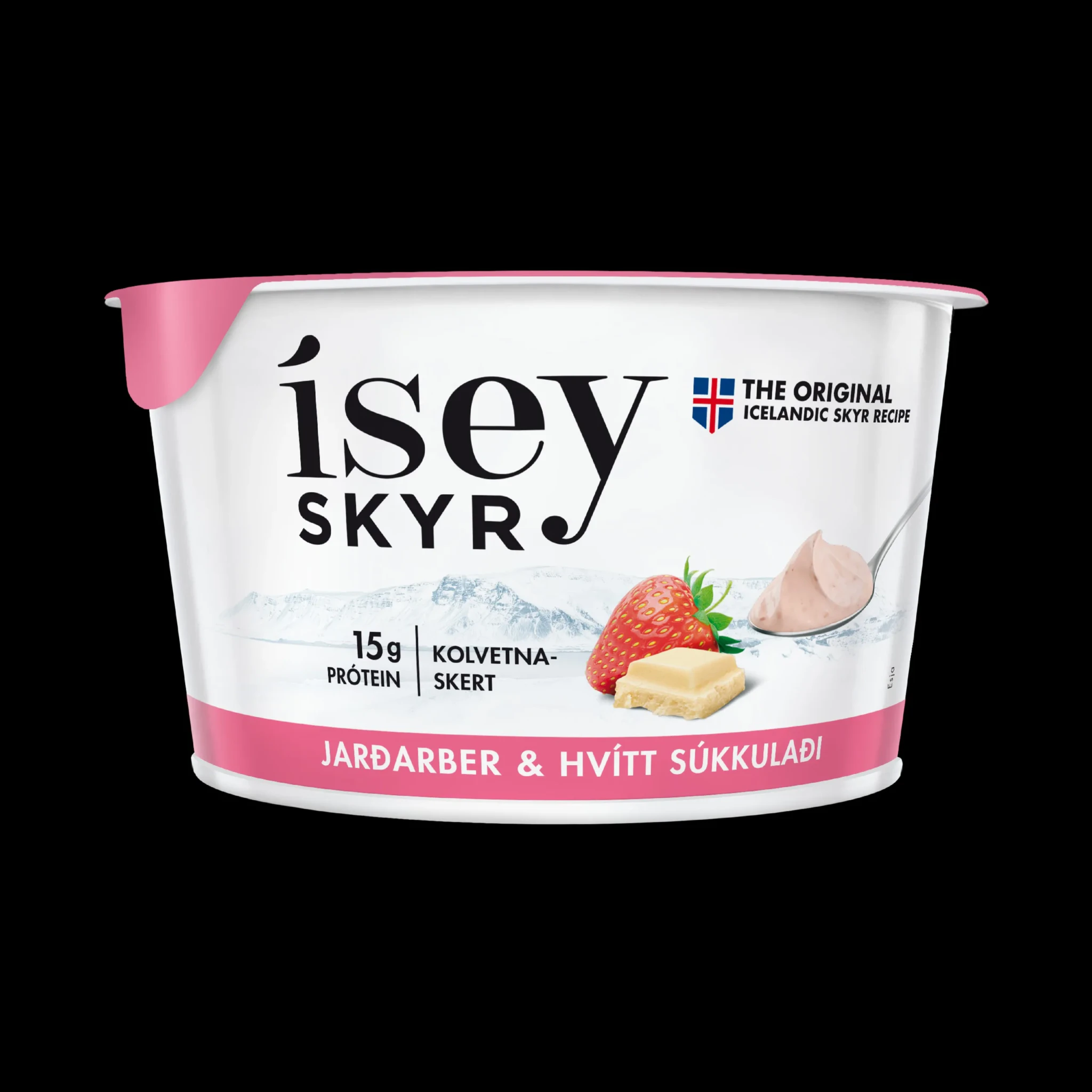 A pot of Ísey Skyr Strawberry & White Chocolate beside a strawberry, a square of white chocolate and a spoonful of pink skyr