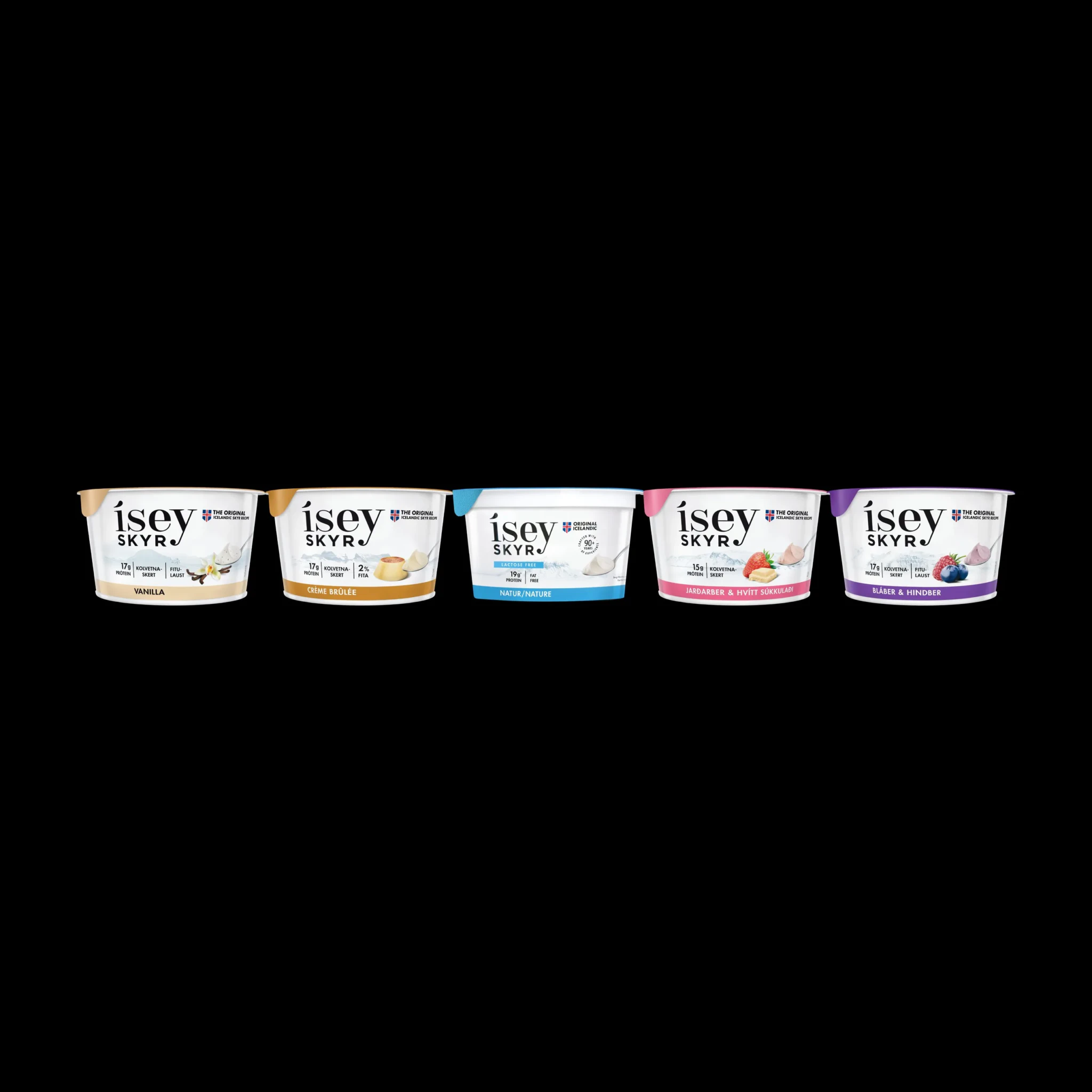Five Ísey Skyr cups in a row: vanilla, crème brûlée, natur, strawberry white chocolate, blueberry raspberry
